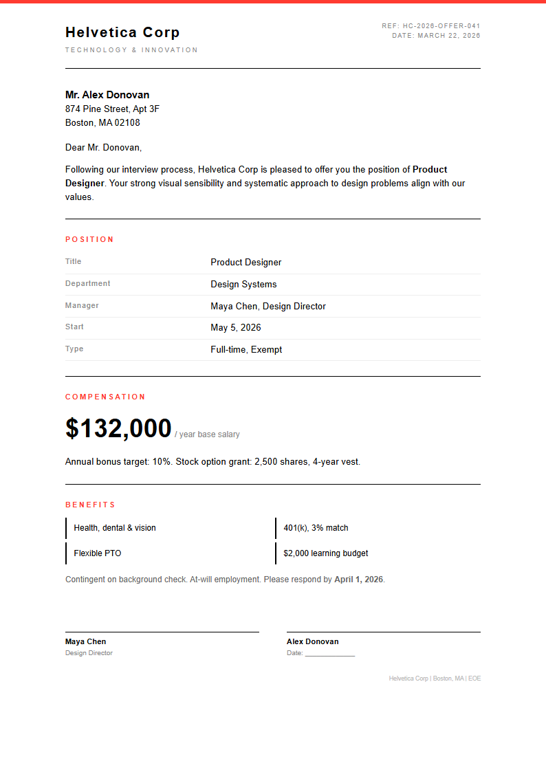 Swiss international job offer letter